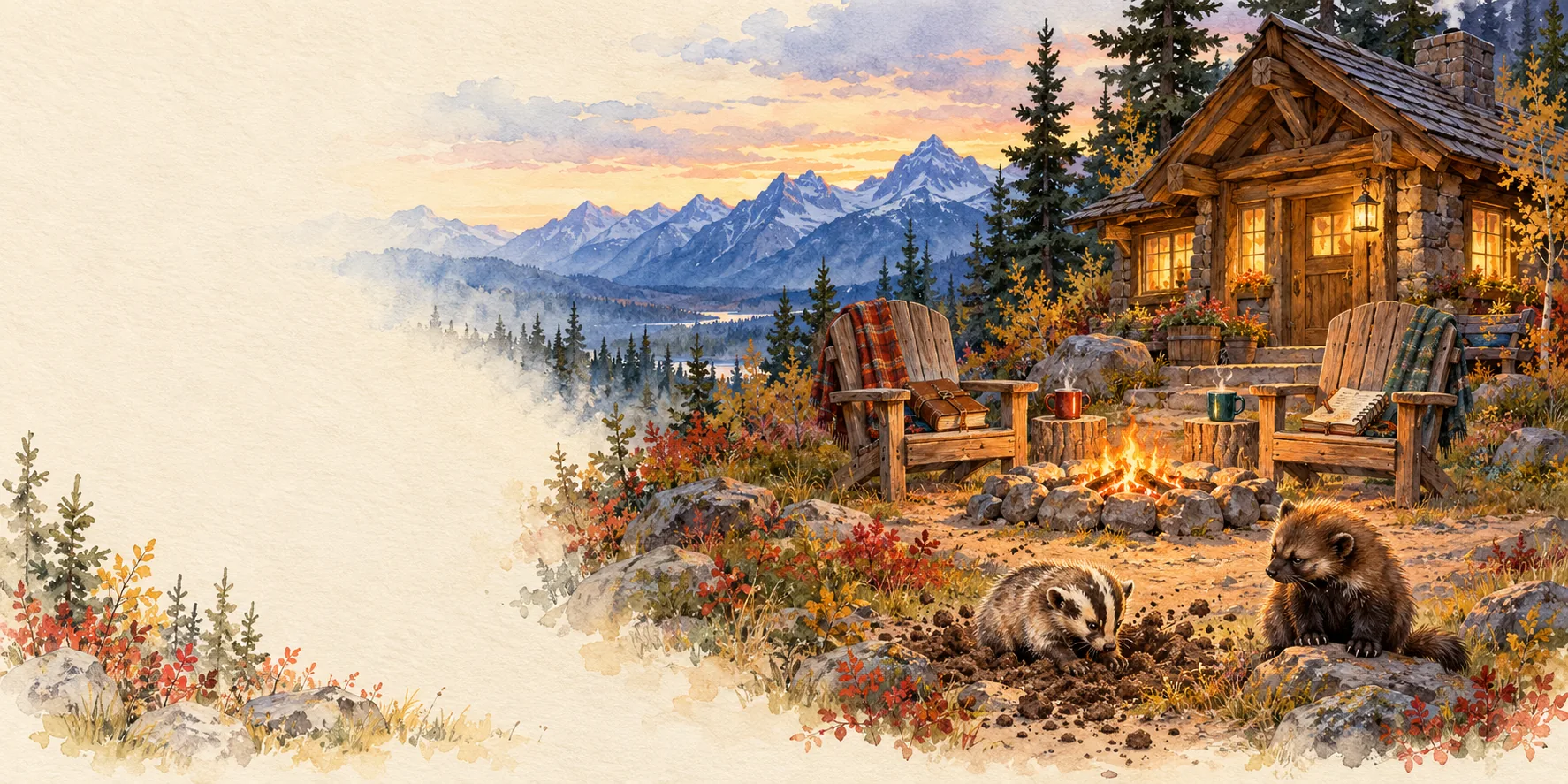 A warm lodge in the Alberta mountains, with two chairs by the fire, books, and mugs. A baby badger and wolverine keep the place company.